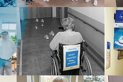 Seniorin im Rollstiuhl, Aktionsplakat am Rücken, mehrere leer Paar Schuhe von Pflegekräften